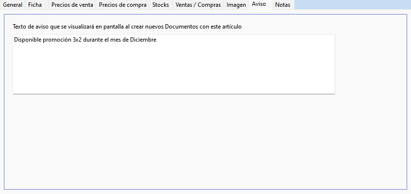 Aviso que se mostará al crear documentos del artículo