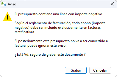 Aviso al entrar líneas con importe negativo en documentos de venta