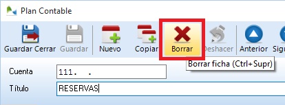 Botón para borrado de ficha de la cuenta contable