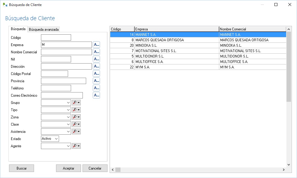 Busqueda simple de clientes en Ofipro