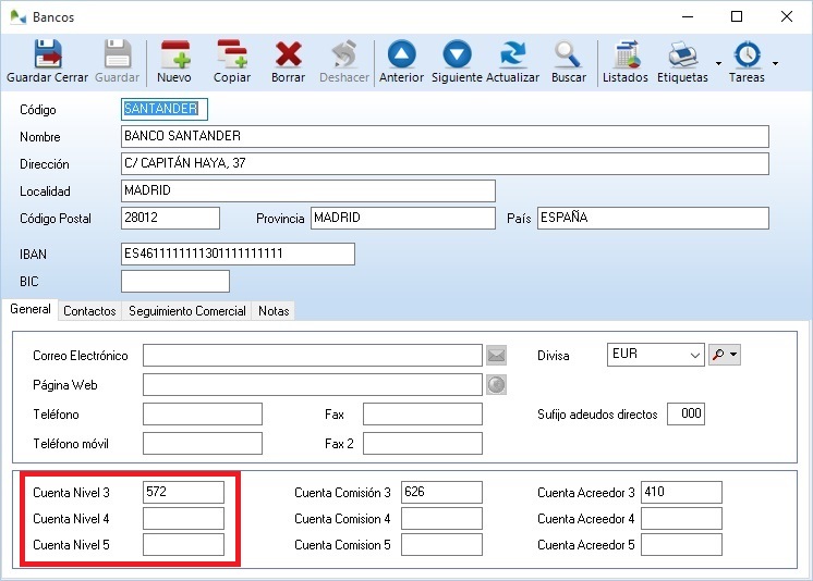 Ficha del banco en OfiPro Facturación