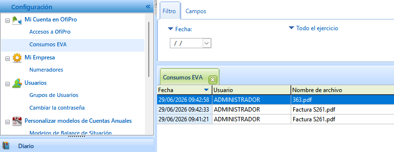 lista de archivos de facturas analizados por EVA