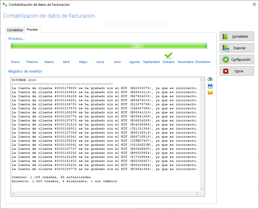 Detección de NIFs incorrectos durante la contabilización de datos de facturación