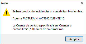 Aviso de cuenta de ventas no es de nivel máximo