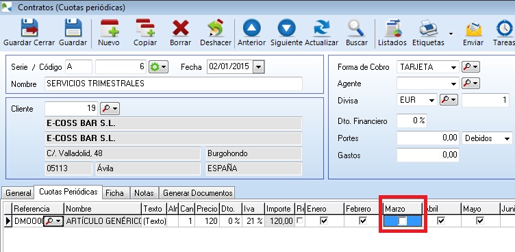 Seleccione aquellas cuotas mensuales que desee facturar en la pestaña 'Cuotas Periódicas'