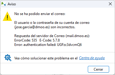 Mensaje de error al tratar de enviar un correo electrónico