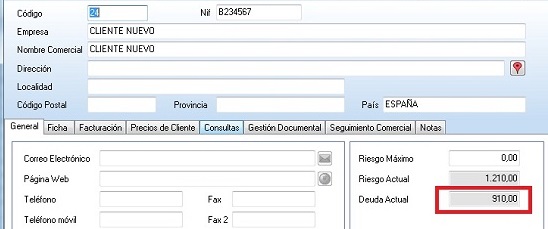 Deuda actual en la ficha del cliente