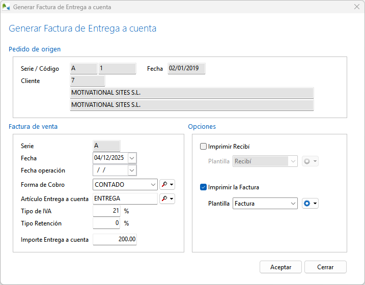Generar factura de la entrega a cuenta