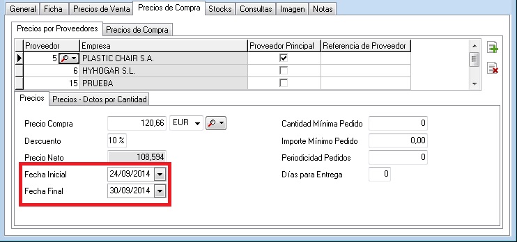 Fechas inicio y fin de precio de proveedor