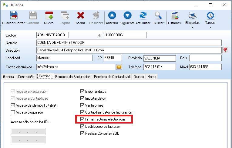 Active el permiso Firmar facturas electrónicas