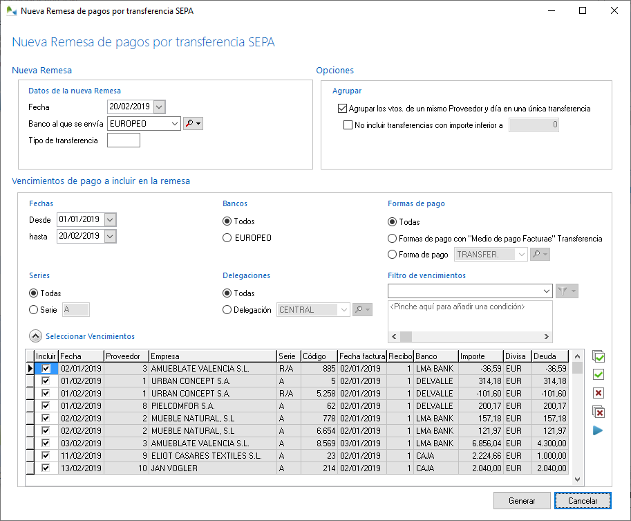 Generación de una nueva remesa de pagos en OfiPro