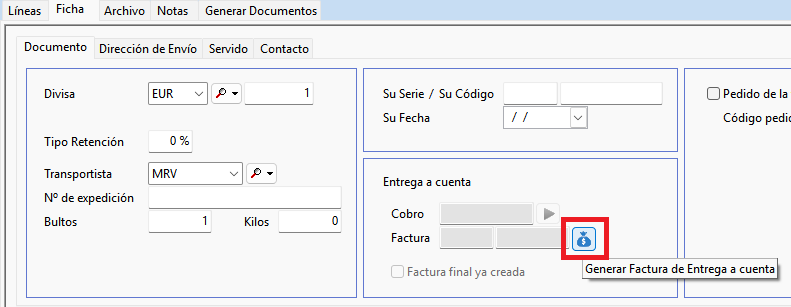 Botón 'Nueva Entrega a cuenta'