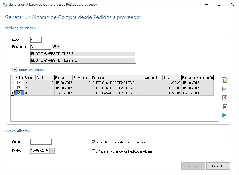 Pedidos de compra a albarán de compra