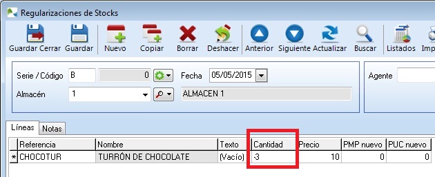 Realice una regularización de stock negativa para cancelar el lote afectado