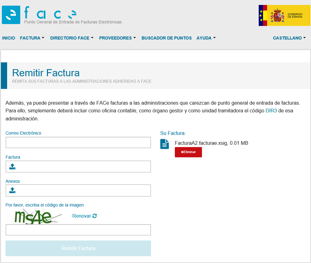Remitir una factura electrónica al portal FACe