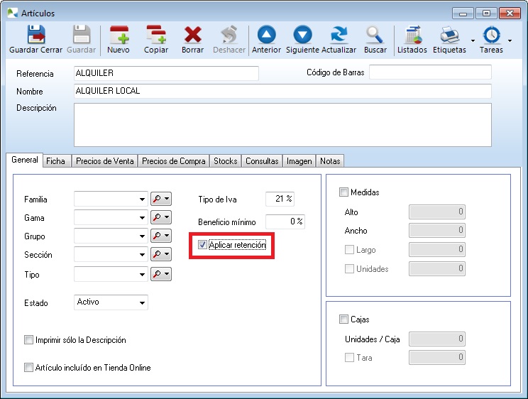 Ficha de artículo sobre el que se aplica retención