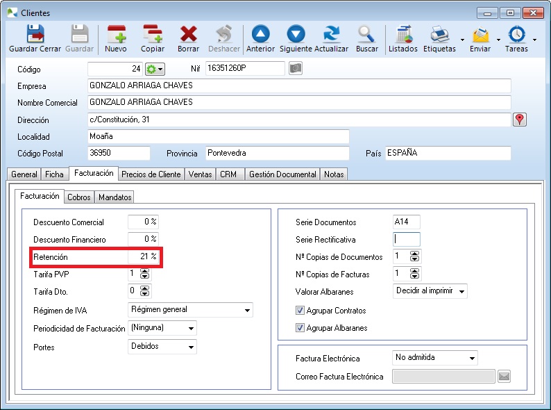 Ficha de cliente con retención