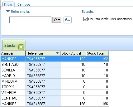 Lista de stocks ordenados por referencia