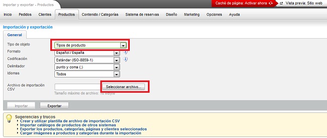 Seleccione el Tipo de objeto antes de realizar cada importación de fichero