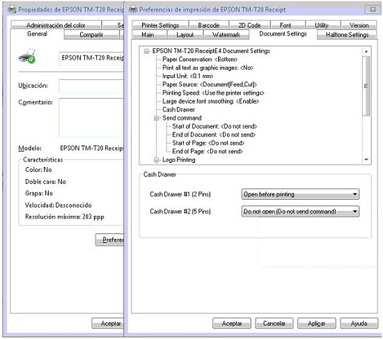 Configuración de cajón portamonedas en impresora Epson