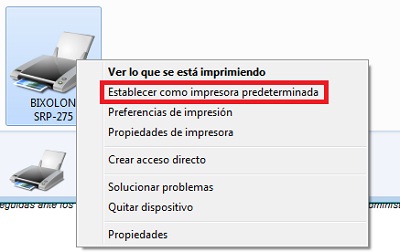 Establezca la impresora de tickets como predeterminada