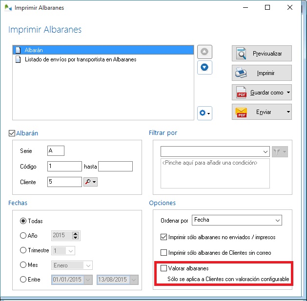 Selección de la valoración del albarán desde la impresión