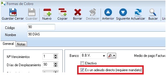 Configure la forma de cobro de la factura para la gestión de adeudos directos