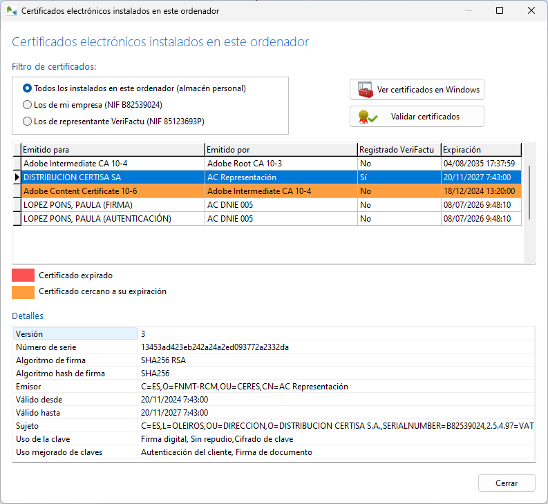 Lista de certificados instalados en el ordenador